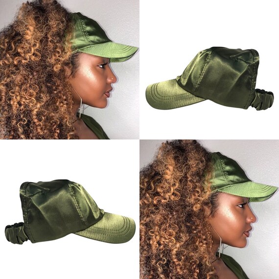 Satin Lined Baseball Cap, Slap cap , Olive Green dad hat, hats for natural hair, satin hair cap , Backless Hat, satin lined head wraps