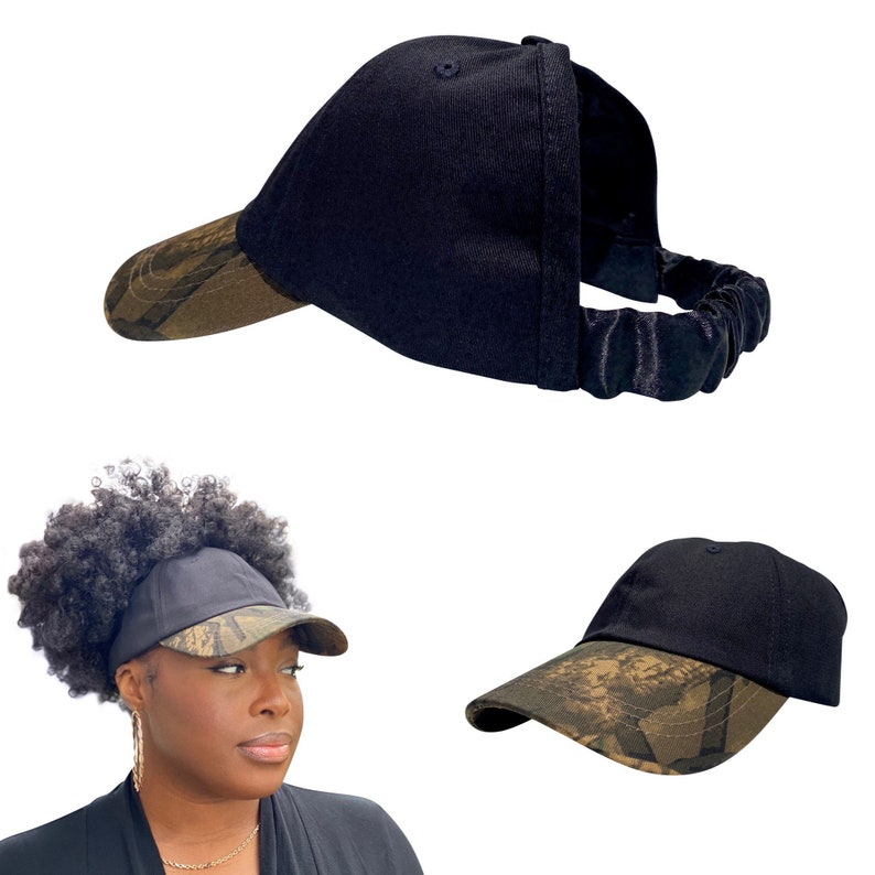 CurlCap Natural Hair Backless Cap Adjustable Satin Lined Baseball Hat for Women Camouflage