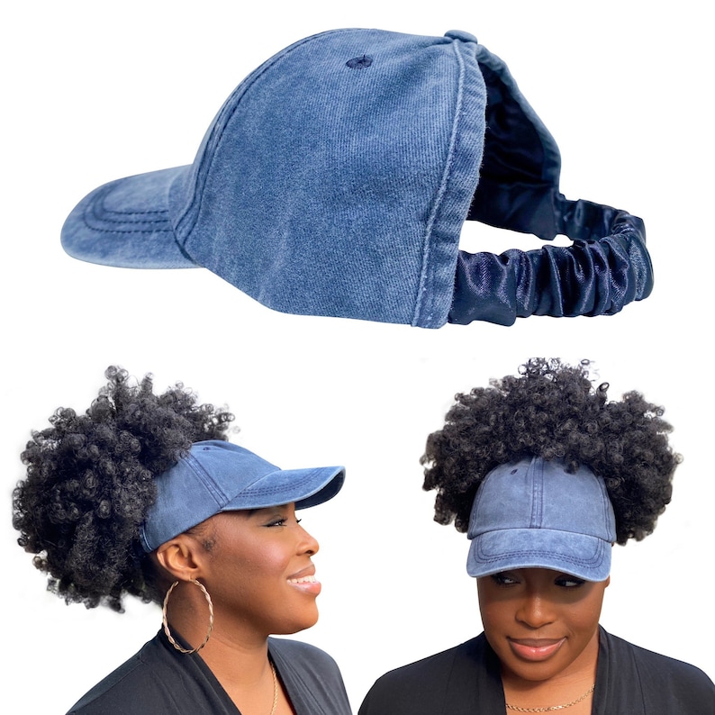 CurlCap Natural Hair Backless Cap Adjustable Satin Lined Baseball Hat for Women Blue Denim