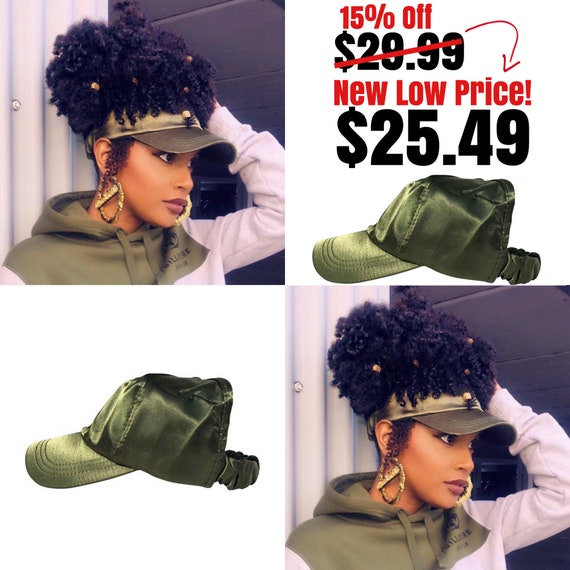 Satin Lined Baseball Cap, Slap cap , Olive Green dad hat, hats for natural hair, satin hair cap , Backless Hat, satin lined head wraps