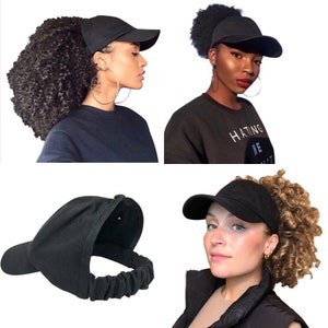 CurlCap Natural Hair Backless Cap Adjustable Satin Lined Baseball Hat for Women Black