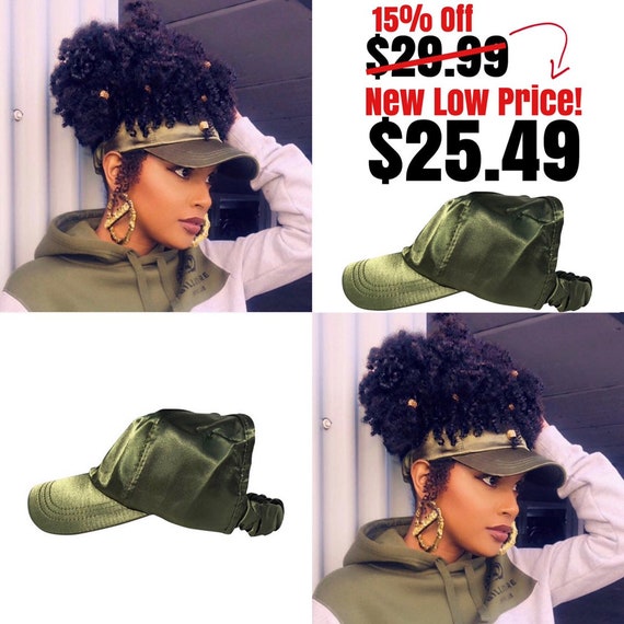 Satin Lined Baseball Cap, Slap cap , Olive Green dad hat, hats for natural hair, satin hair cap , Backless Hat, satin lined head wraps