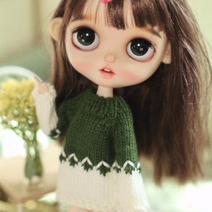 Puede incluir: Una muñeca con el pelo largo y castaño que lleva un jersey de punto verde y blanco. La muñeca tiene grandes ojos azules y una pinza para el pelo rosa.