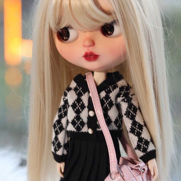 Cardigan Blythe à motifs losanges | Vêtements BJD pour poupée Ooak Blythe Pullip Holala Obitsu Azone Momoko | Poupée à rotule YoSD vêtements BJD accessoires