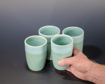 Sea Green 12 oz Handmade Pottery Tumblers - Set of Four(4), Ceramic Wine Glass, Hand Thrown Pottery Drinking Cup