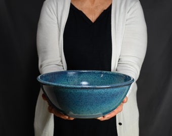 Topaz Blue Big Handmade Pottery Bowl for Salads, Fruit, Chips, Popcorn. Very Large Hand Thrown Ceramic Bowl