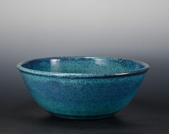 Topaz Blue Big Handmade Pottery Bowl for Salads, Fruit, Chips, Popcorn. Very Large Hand Thrown Ceramic Bowl