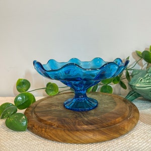 Vintage blue art glass pedestal bowl or candy dish with scalloped rim