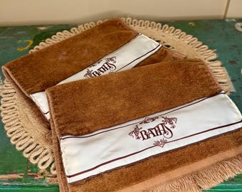 Set of two vintage Saturday Knight, Ltd. “BATH” embroidered wash cloths.