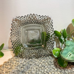 Vintage Federal Glass Diamond Patterned Pressed Glass Dish or Ash Tray. Smokey Gray Color
