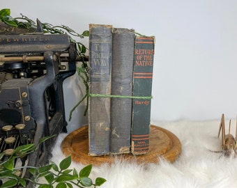 Blue set of three vintage and antique books for decor purposes