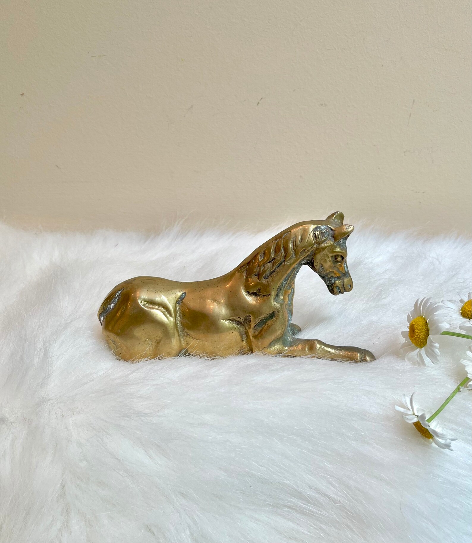 Vintage solid brass horse laying down. Great patina Etsy