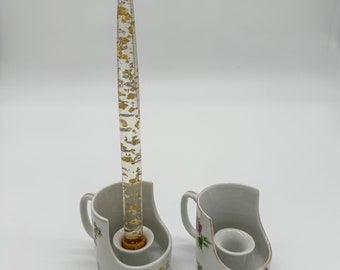 Set of Two Vintage Shabby Chic Ceramic Pink and Yellow Floral Half Mug Taper Candle Holders