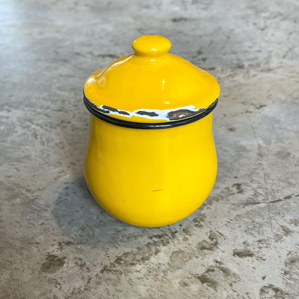 Vintage Asahi Japan yellow enamelware sugar bowl with lid. Farmhouse kitchen decor!