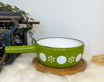 Vintage MCM enamel saucepan, green with white dots.