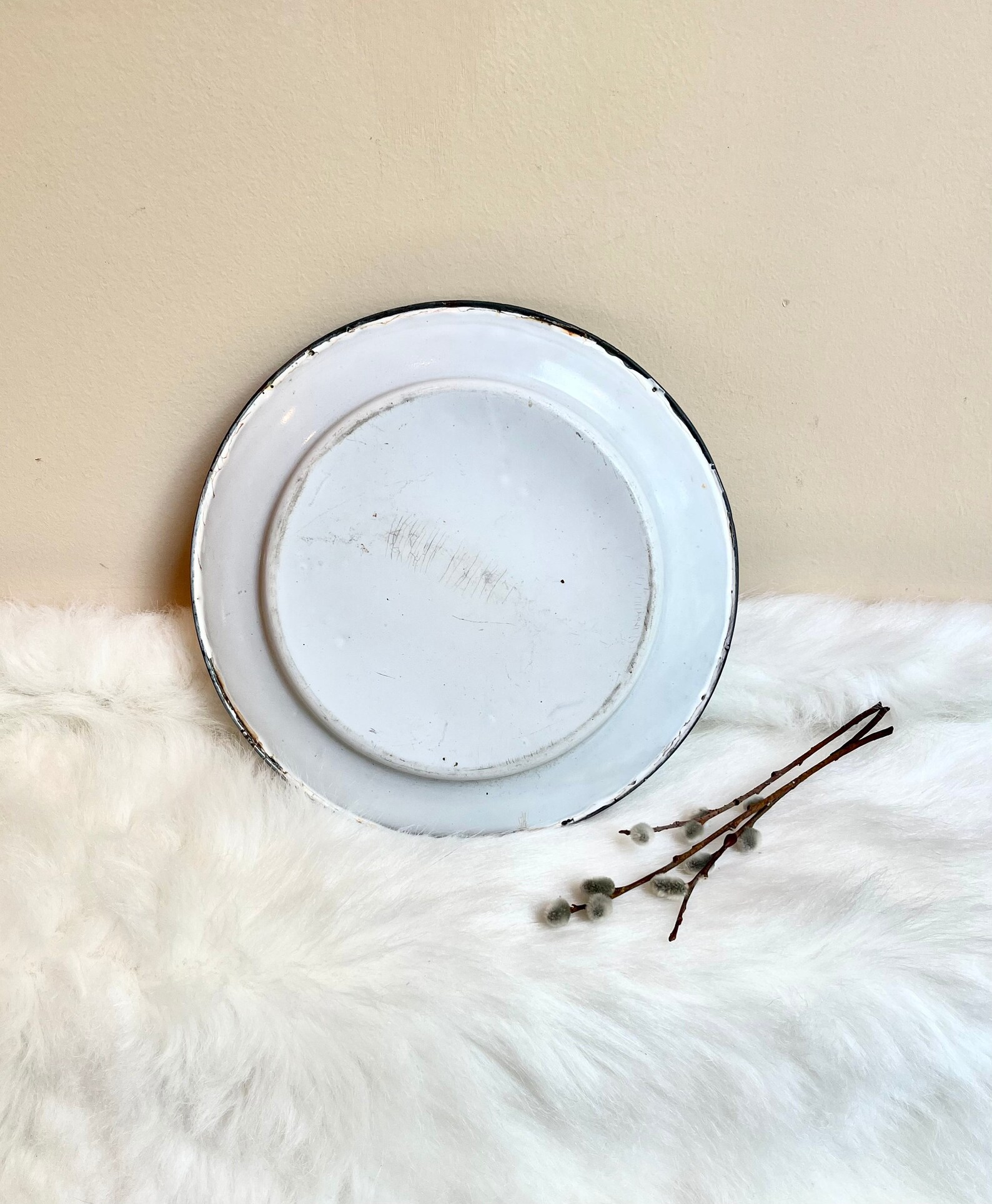 Vintage white enamel farmhouse dinner plate with black trim Etsy