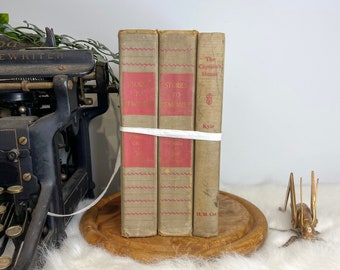 Gray set of three vintage and antique books for decor purposes