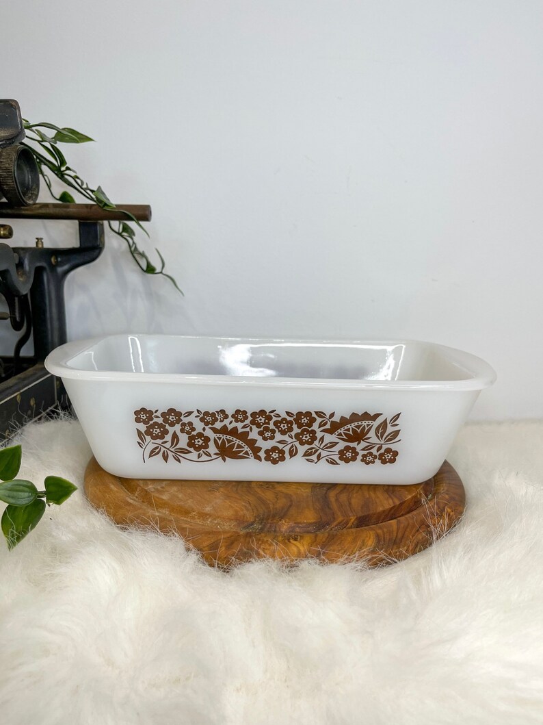 Vintage Glasbake 1.5 Quart Loaf Pan With Brown Floral Pattern Etsy