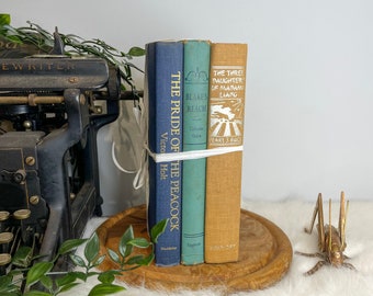 Tropical set of blue set of three vintage and antique books for decor purposes