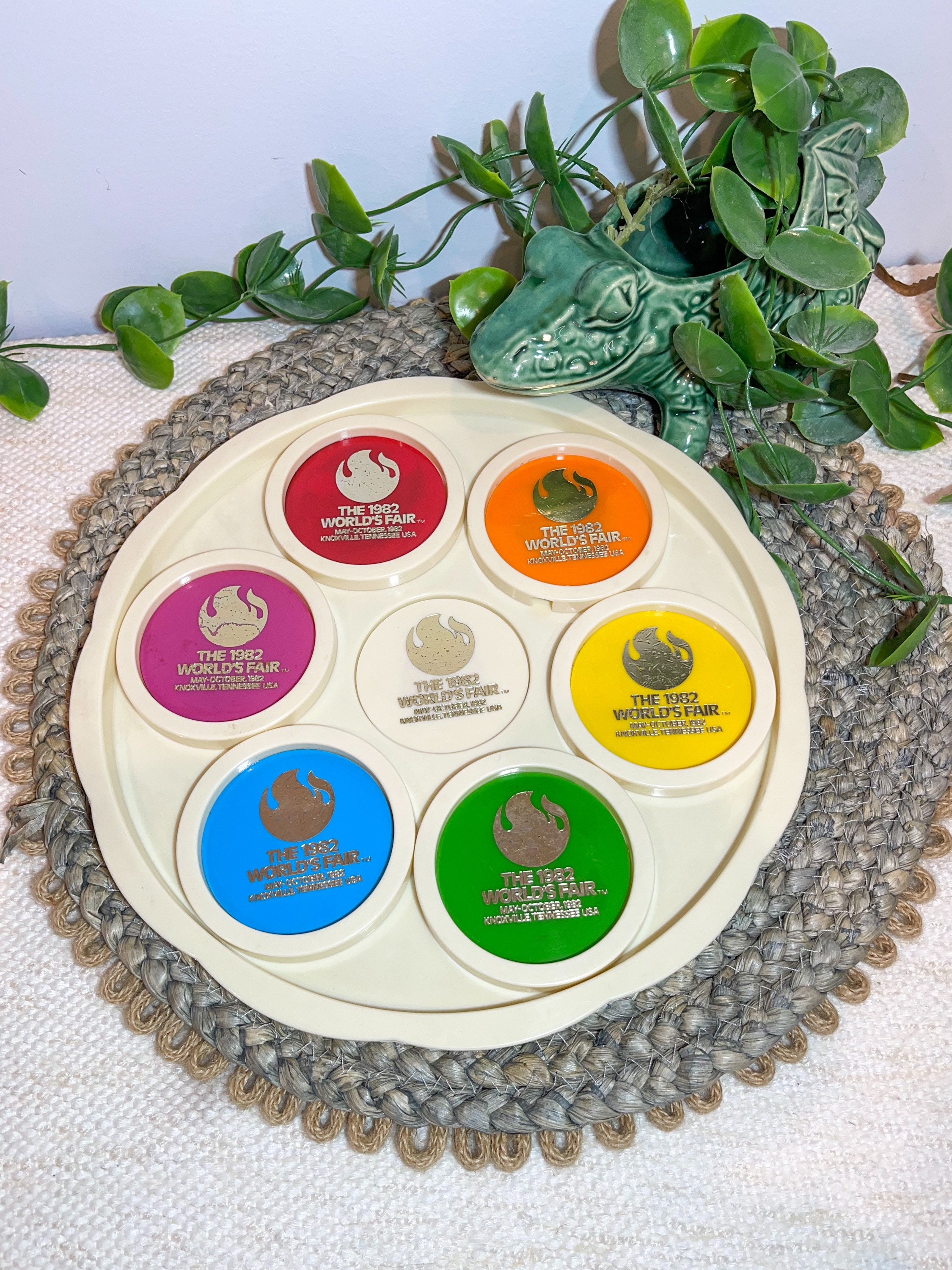 Vintage 1982 Worlds Fair collectible souvenir plastic tray with five colorful coasters. Knoxville TN