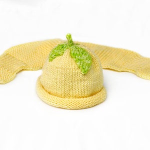 Baby knitting yellow hat and scarf with application - &quot;Fruit&quot;