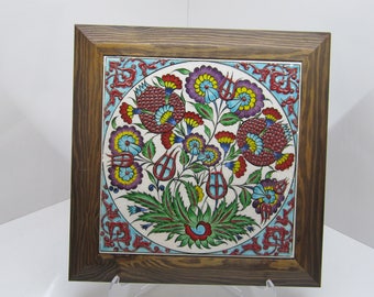 Handmade Turkish Ottoman Design Wall Art Ceramic Tile With Natural Wood Frame