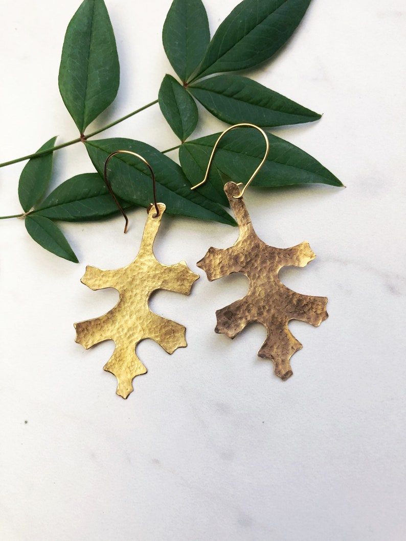 Gifts For Her Oak Leaf Hammered Brass Drop Earrings Forrest Earrings Lightweight Earrings Holiday Gift. Plant Lady Earrings