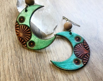 Stamped Leather Art Deco Crescent Moon Earrings - Emerald Green | Veg Tanned Leather | Full Grain Leather | Lightweight Earrings