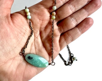 Natural Amazonite and Antiqued Bronze Necklace | Crystal Jewelry