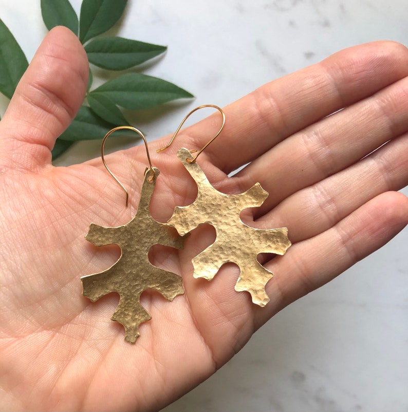 Gifts For Her Oak Leaf Hammered Brass Drop Earrings Forrest Earrings Lightweight Earrings Holiday Gift. Plant Lady Earrings