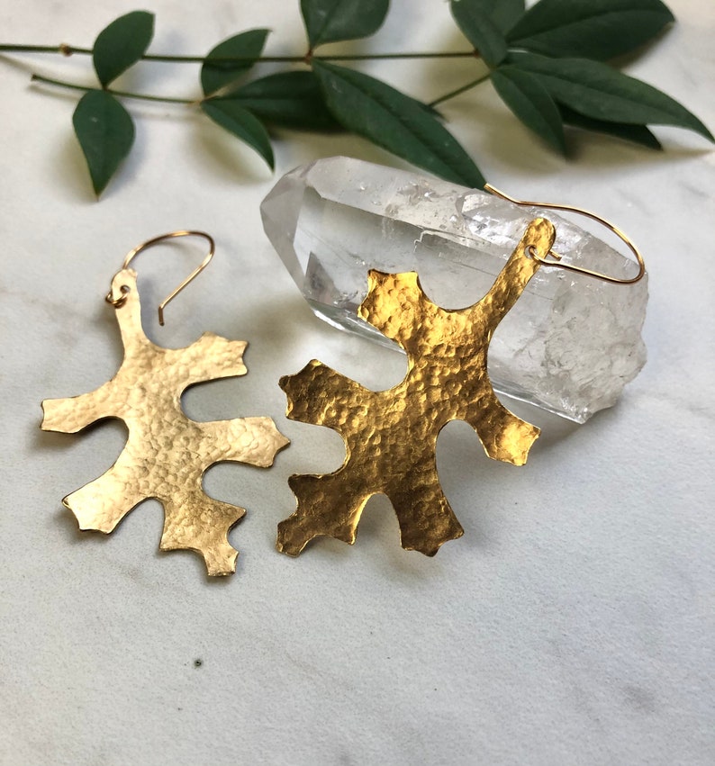 Gifts For Her Oak Leaf Hammered Brass Drop Earrings Forrest Earrings Lightweight Earrings Holiday Gift. Plant Lady Earrings