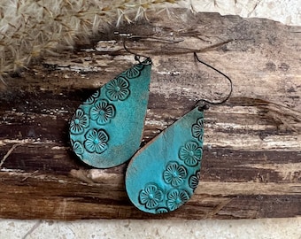 Stamped Antiqued Floral Style Drop Earrings | Veg Tanned Leather | Lightweight Earrings