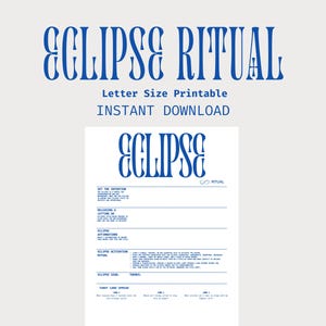 Peut inclure: Feuille de travail imprimable pour un rituel d'éclipse avec du texte bleu. La feuille de travail comprend des sections pour fixer l'intention, libérer et lâcher prise, des affirmations, un rituel d'activation d'éclipse, des thèmes de signe d'éclipse et un tirage de cartes de tarot.