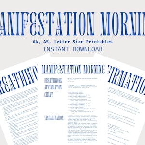 May include: Three printable worksheets for a manifestation morning routine. The worksheets are titled "Breathwork", "Affirmation", and "Visualization".
