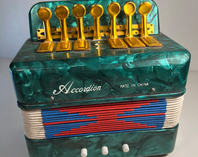 Vintage Hero Toy Accordion Marbelized Green 1960s Toy, Made in Shanghai