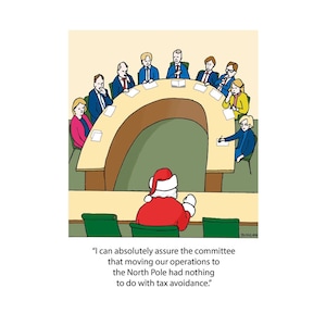 Carte de Noël amusante : le stratagème du père Noël pour éviter l'impôt. Carte de Noël du comité gouvernemental