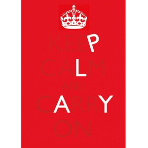 Pode incluir: Um fundo vermelho com uma coroa branca e o texto "Keep Calm and Carry On" em branco.