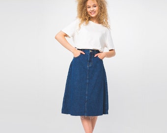 Campine Dark Wash Denim Midi Skirt Custom Length Soft Knee Length Modest Skirt with Pockets Summer