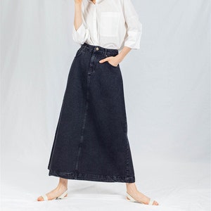 Campine Black Denim Maxi Skirt Long Soft Full Length Modest Skirt with Pockets Fall Custom Length