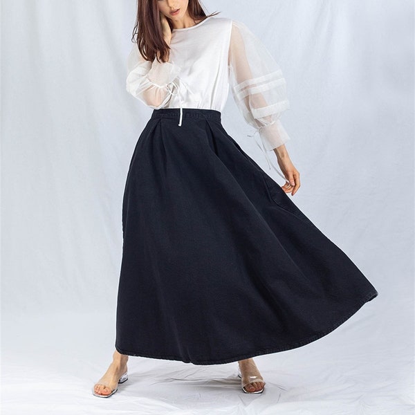 Daisy Denim Maxi Circle Skirt Black, Flared A line Swing Jean Long, Full Length for Modest Women Cloche Vintage Skirt with Pockets