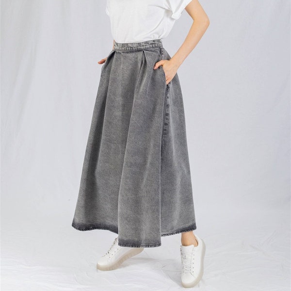 Daisy Denim Maxi Circle Skirt Gray, Flared A line Swing Jean Long, Full Length for Modest Women Cloche Vintage Skirt with Pockets
