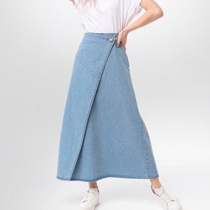 A line Wrap Front Maxi Skirt, Lurdes Bell Shaped Light Blue Denim Long Skirt, Casual Work Full Length Modest Spring Seasonal Holiday image 1