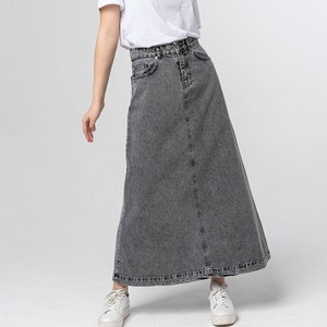 Campine Gray Denim Maxi Skirt Long Soft Full Length Modest Skirt with Pockets Fall Winter Black Custom Length image 1