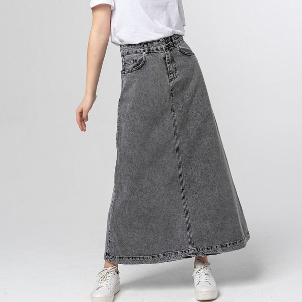 Campine Gray Denim Maxi Skirt Long Soft Full Length Modest Skirt with Pockets Fall Winter Black Custom Length