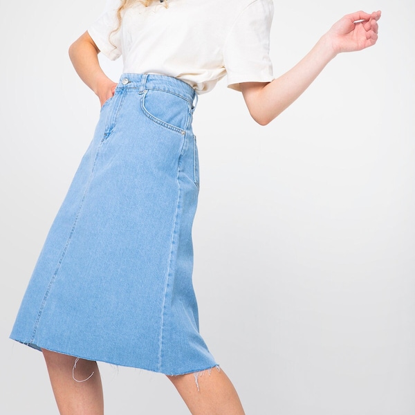 Campine Ice Blue Denim Midi Skirt Custom Length Soft Knee Length Modest Skirt with Pockets Summer