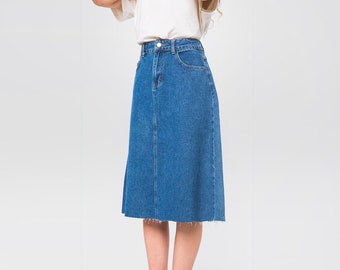 Campine Medium Wash Denim Midi Skirt Custom Length Soft Knee Length Modest Skirt with Pockets Summer