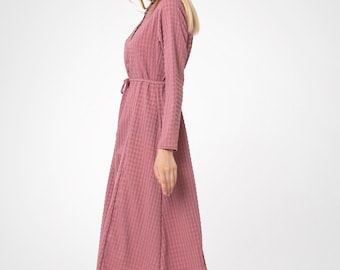 Glenn Maxi Dress with Belt, Rose, Shirred Cotton Viscose, Full length Crew Neck Modest Dress Long Sleeves for Summer Spring