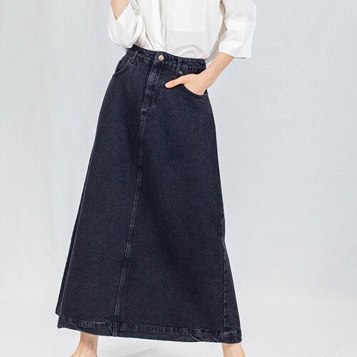 Campine Dark Blue Denim Maxi Skirt Long Soft Full Length - Etsy