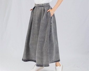 Daisy Denim Maxi Circle Skirt Gray, Flared A line Swing Jean Long, Full Length for Modest Women Cloche Vintage Skirt with Pockets