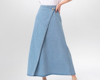 A line Wrap Front Maxi Skirt, Lurdes Bell Shaped Light Blue Denim Long Skirt, Casual Work Full Length Modest Spring Seasonal Holiday